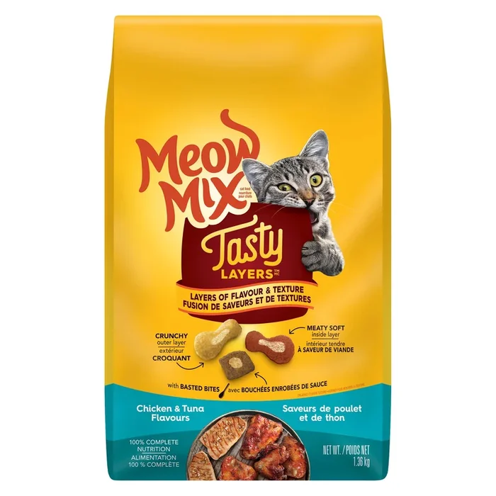 Meow Mix Tasty Layers Nourriture Seche pour Chats Poulet et Thon, 1.36 kg