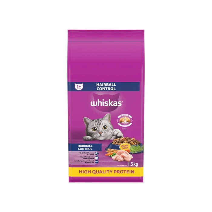 WHISKAS Dry Cat Food Hairball Control With Real Chicken, 1.5 kg