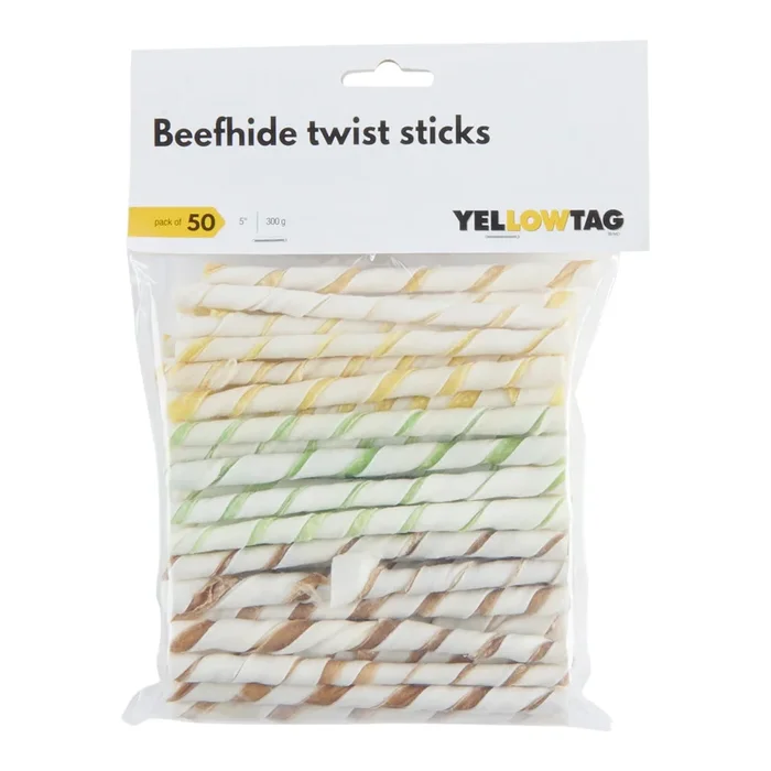 YellowTag Natural Beef hide Twist Sticks, 5-in, 50-Pack